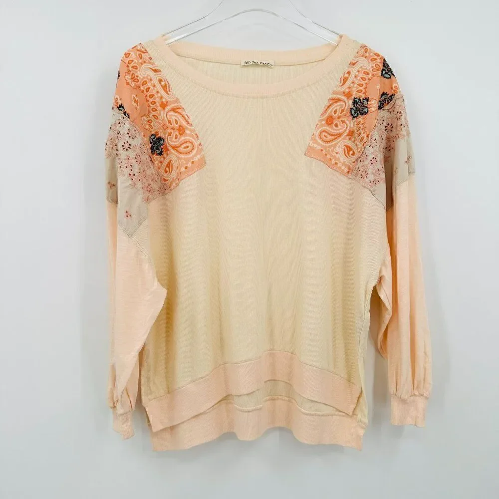Free People Size Medium Slouchy Oversized Feelin It Patchwork Embroidered Shirt